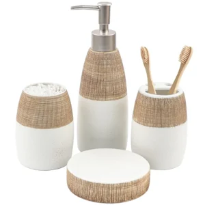 4 Pc Brown White Ceramic Bathroom Accessories Set