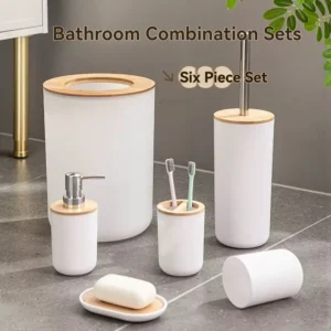 Complete 6-Piece Bathroom Set: Cups, Brush, Trash Can & Rack