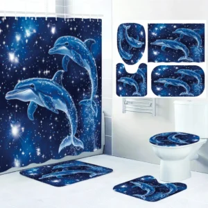 Dolphin Bathroom 4-Piece Set - Waterproof Shower Curtain Suite