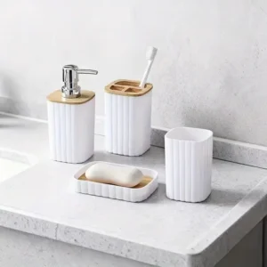 4-Piece White Bamboo Bathroom Set: Soap Dispenser & More