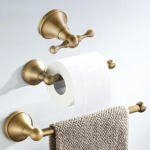 Antique Brass Bathroom Set: TP Holder, Towel Ring & Hook
