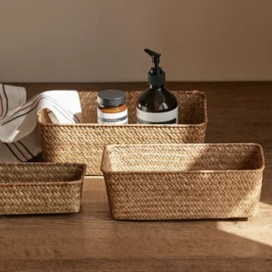 Grass Woven Rectangular Bathroom Storage Basket Organizer